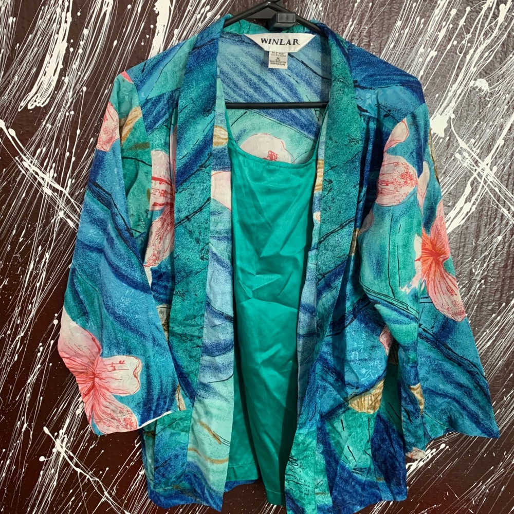 Winlar Womens 2 Piece Set Tropical Floral Kimono Jacket and Camisole Teal Blue M